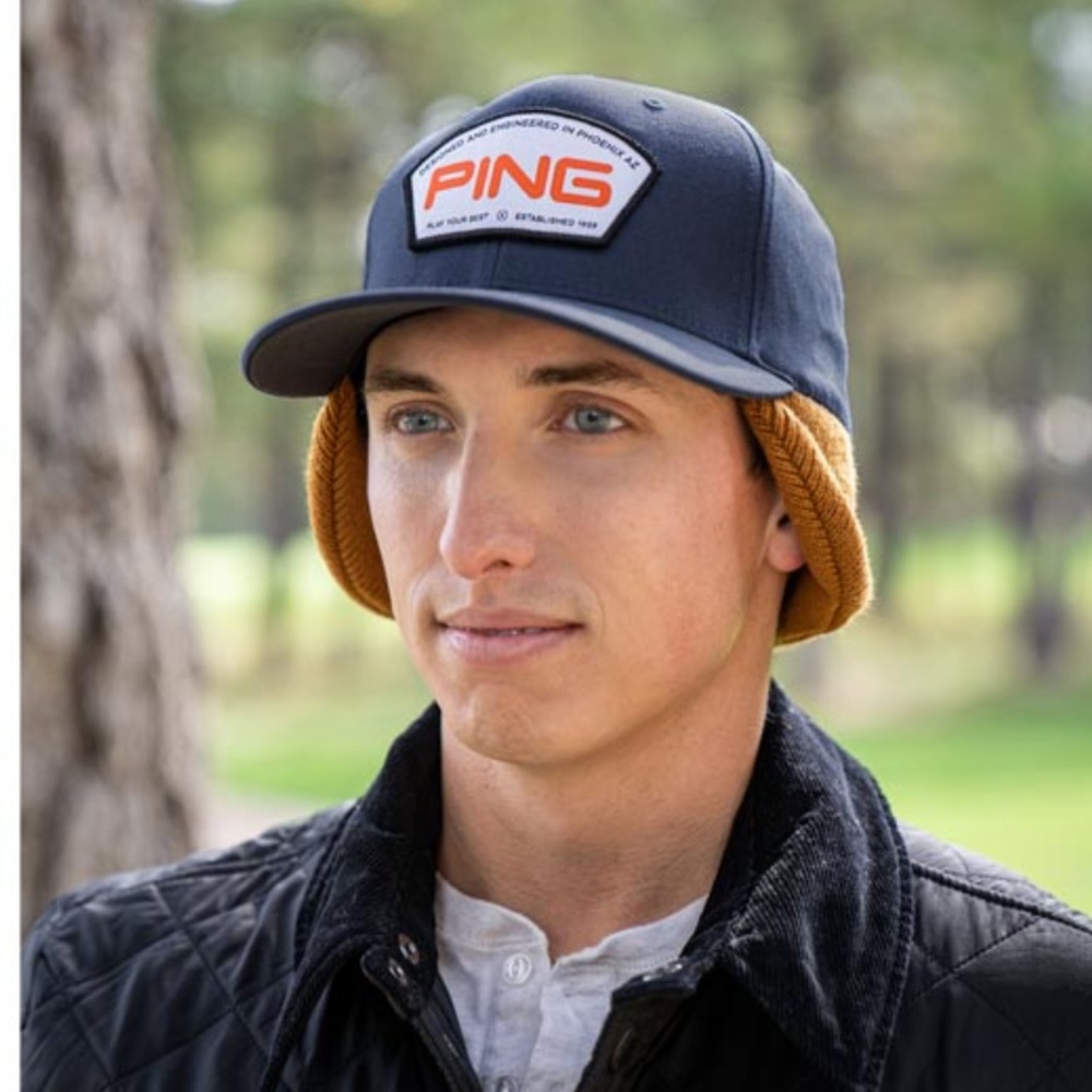 PING Hybrid Cold Weather Golf Hat Navy Buck Flexfit OSFA Ear Flap NWOT